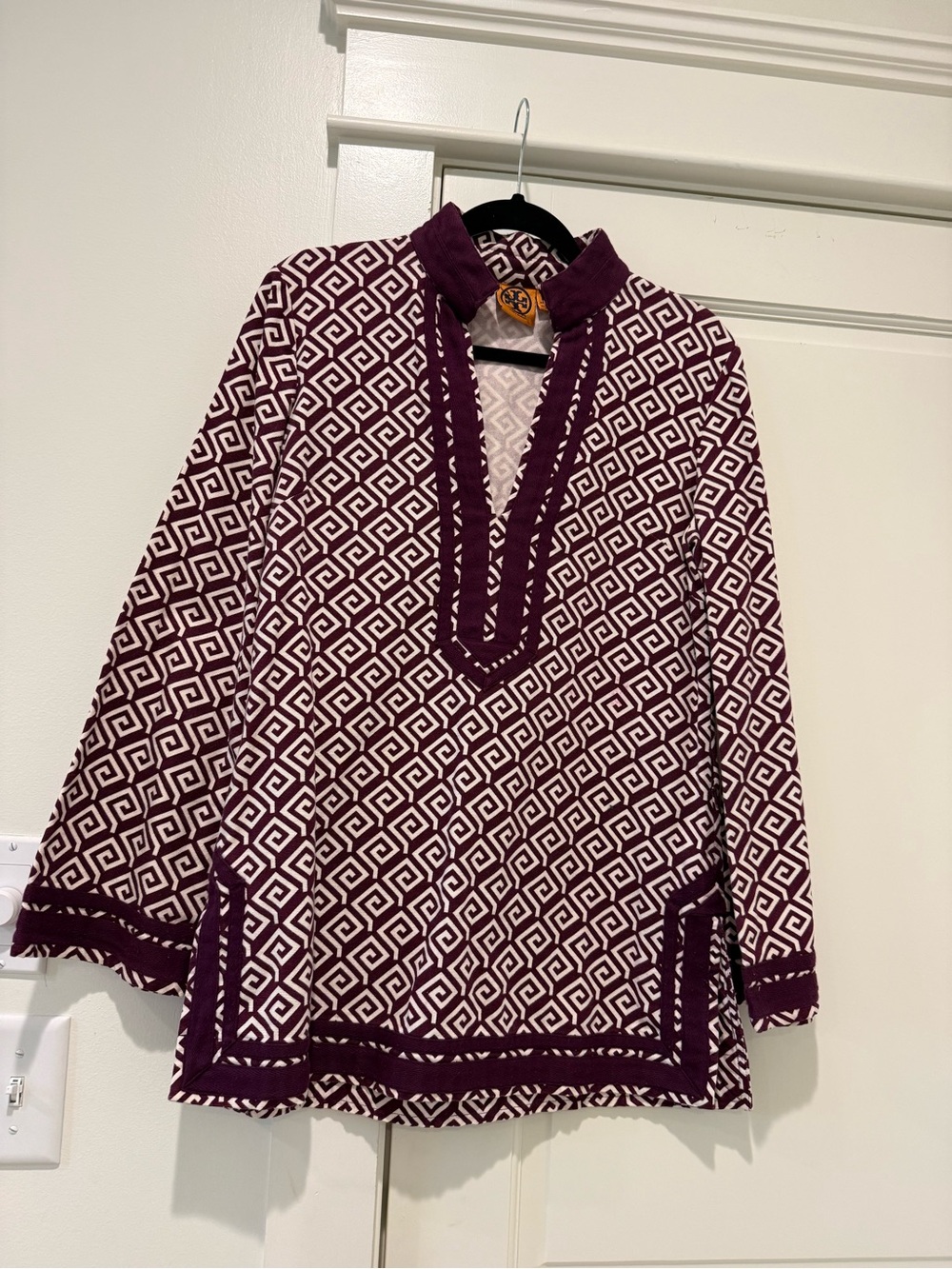 Tory Burch Plum and White Geometric V-Neck Top